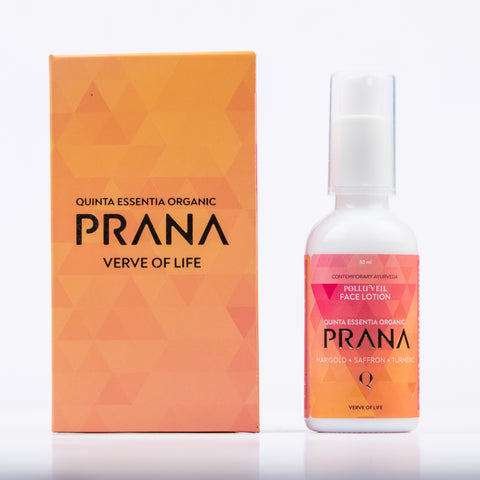 Prana Polluveil Natural Face Moisturizer Bottle Besides Its Box With White Background
